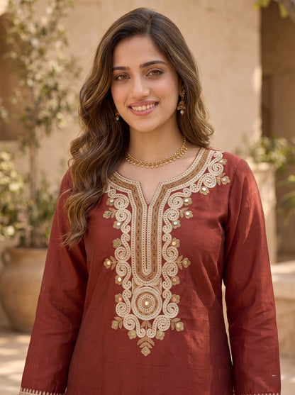 Brown Tassar Silk Kurta Set with Aari Embroidery