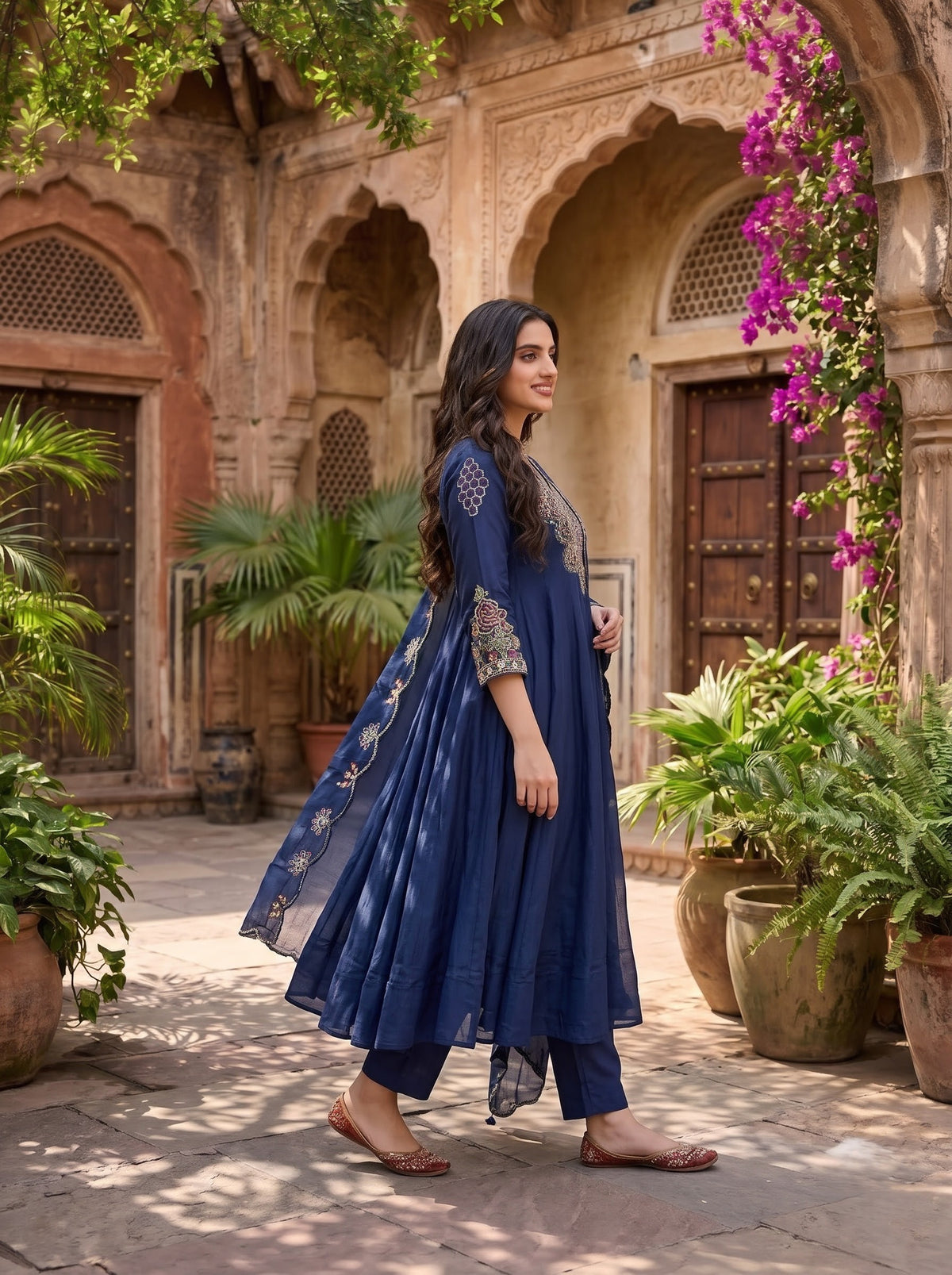 Navy Blue Mal Chanderi A-Line Kurta Set