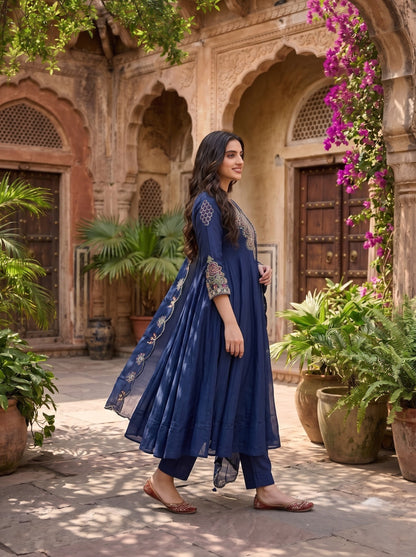 Navy Blue Mal Chanderi A-Line Kurta Set