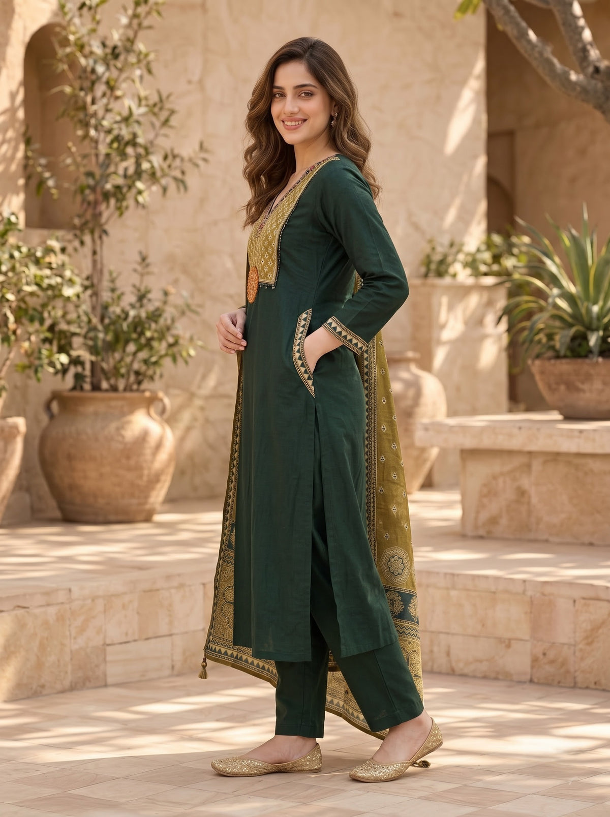 Forest Green Gajji Silk Kurta Set with Gamthi Embroidery & Kalamkari Dupatta