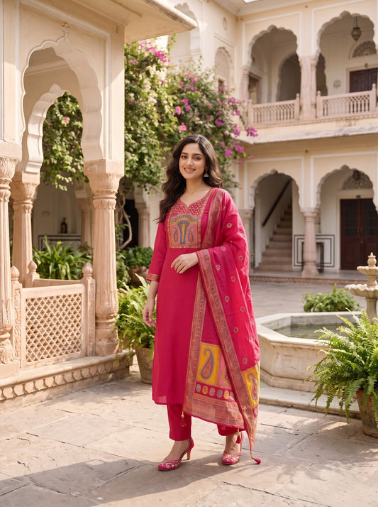Rani Pink Silk Kurta Set with Banarasi Dupatta