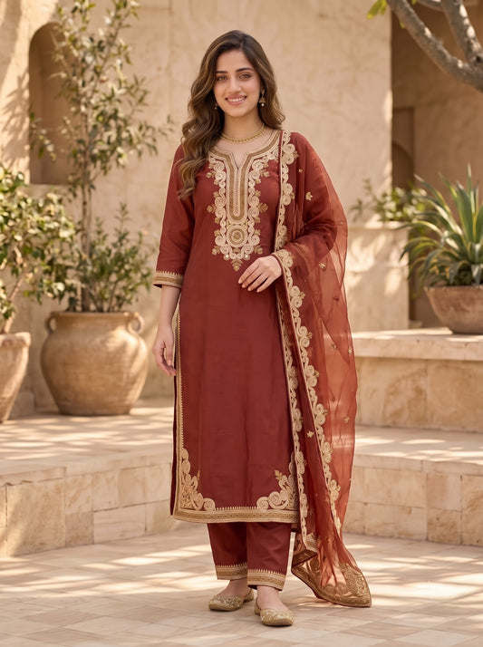 Brown Tassar Silk Kurta Set with Aari Embroidery