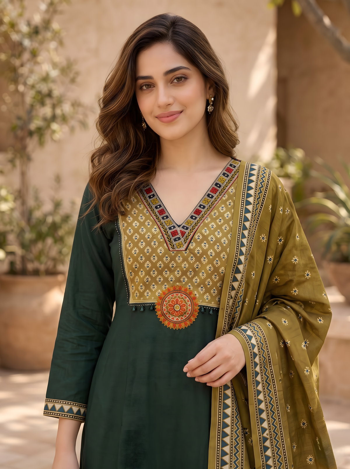 Forest Green Gajji Silk Kurta Set with Gamthi Embroidery & Kalamkari Dupatta