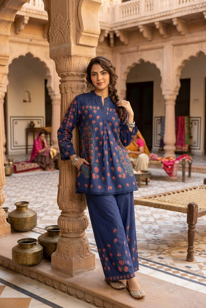 Cotton Slub Flared Co-Ord Set with Floral Print, Pleated Design & Handwork