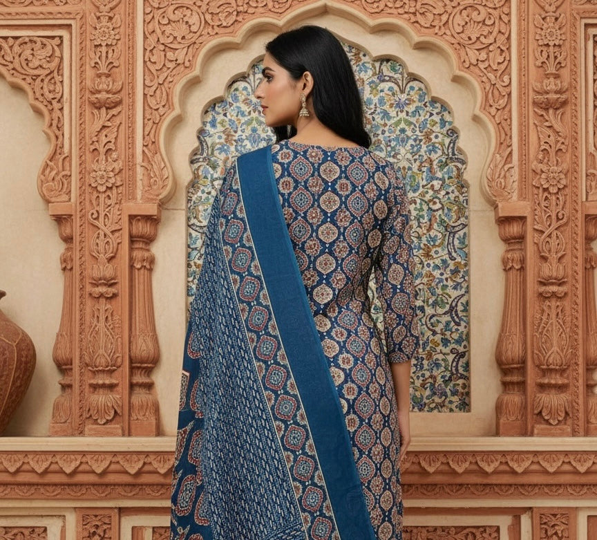 Blue Ajrakh Printed Cotton Kurta Set with Dupatta for Women