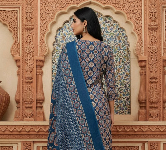 Blue Ajrakh Printed Cotton Kurta Set with Dupatta for Women