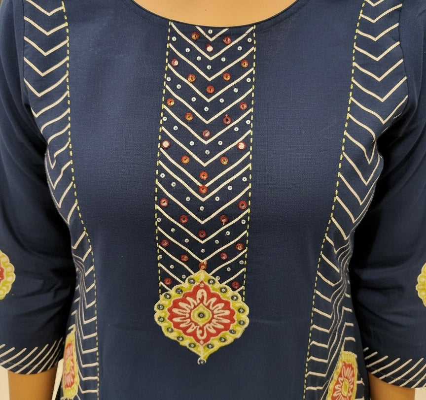 Navy blue Pure Cotton Ajrakh Printed Kurta Set with Handwork Neckline & Dupatta2