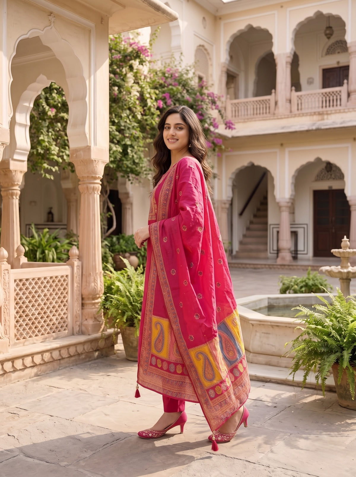 Rani Pink Silk Kurta Set with Banarasi Dupatta
