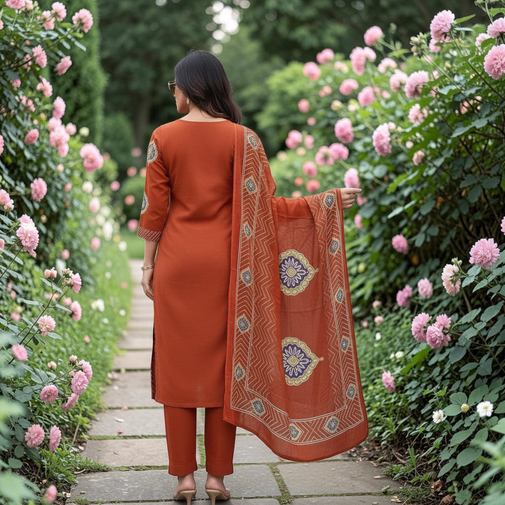 Orange Pure Cotton Ajrakh Printed Kurta Set with Handwork Neckline & Dupatta