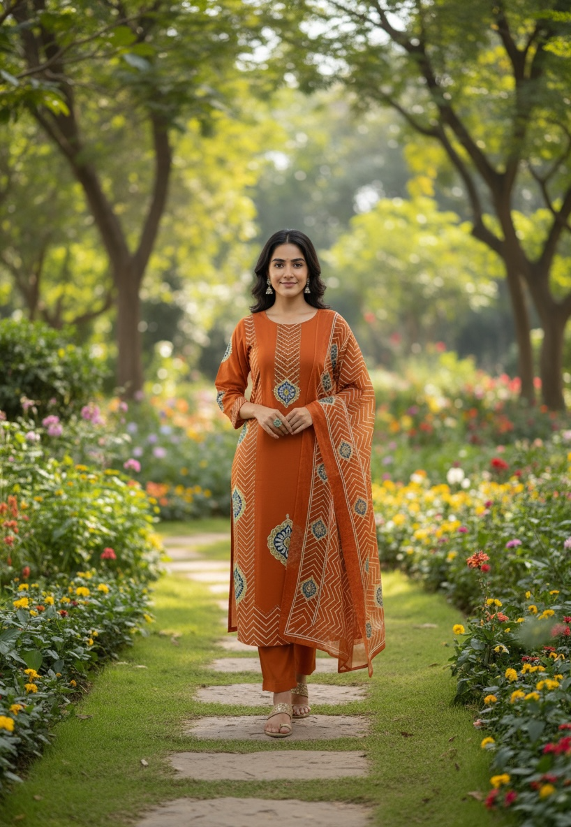 Orange Pure Cotton Ajrakh Printed Kurta Set with Handwork Neckline & Dupatta1