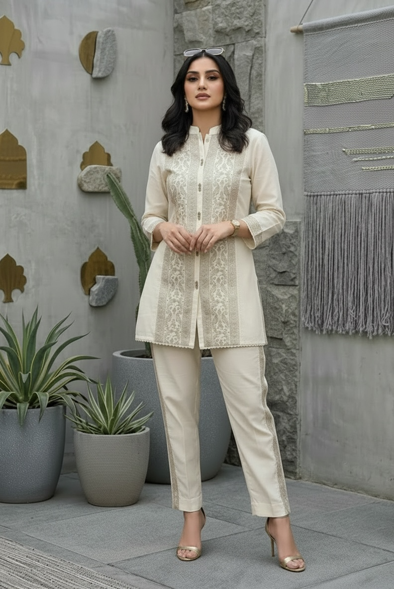 Premium Ivory Cotton Embroidered Co-Ord Set