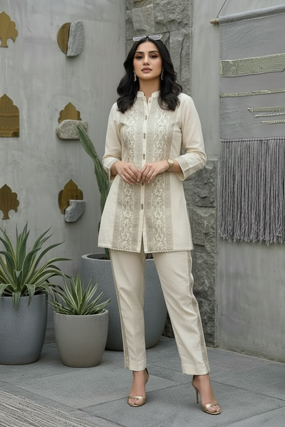 Premium Ivory Cotton Embroidered Co-Ord Set