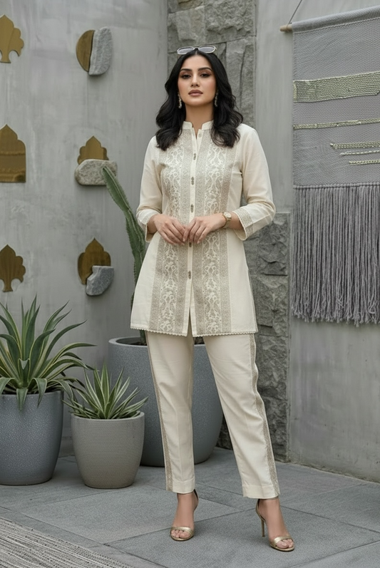 Premium Ivory Cotton Embroidered Co-Ord Set