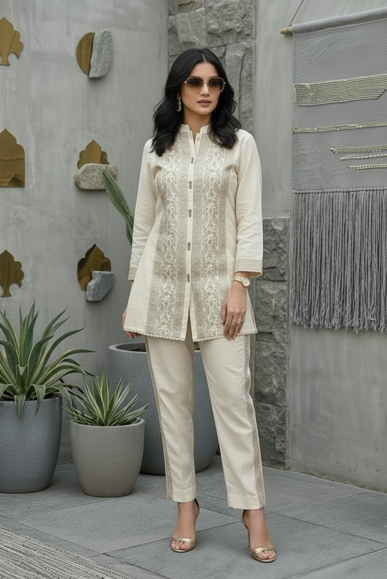 Premium Ivory Cotton Embroidered Co-Ord Set