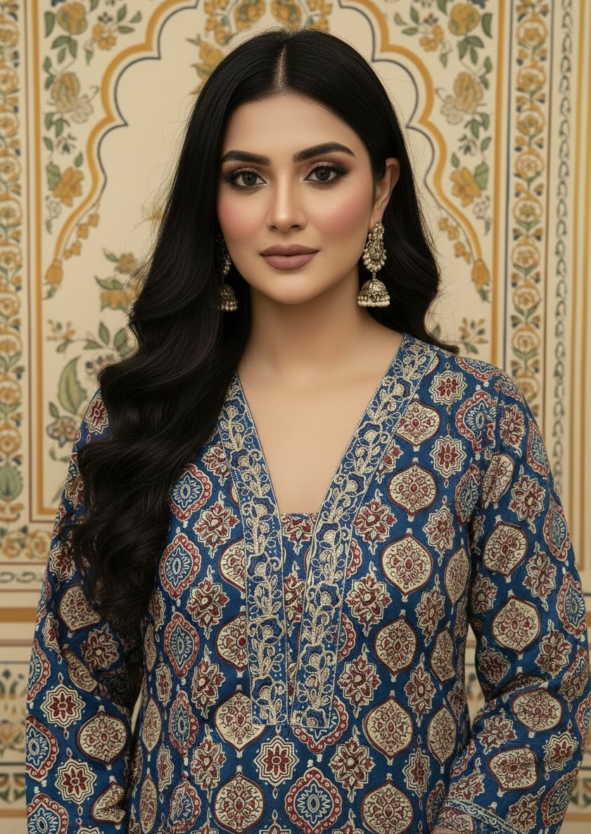 Blue Ajrakh Printed Cotton Kurta Set with Dupatta for Women