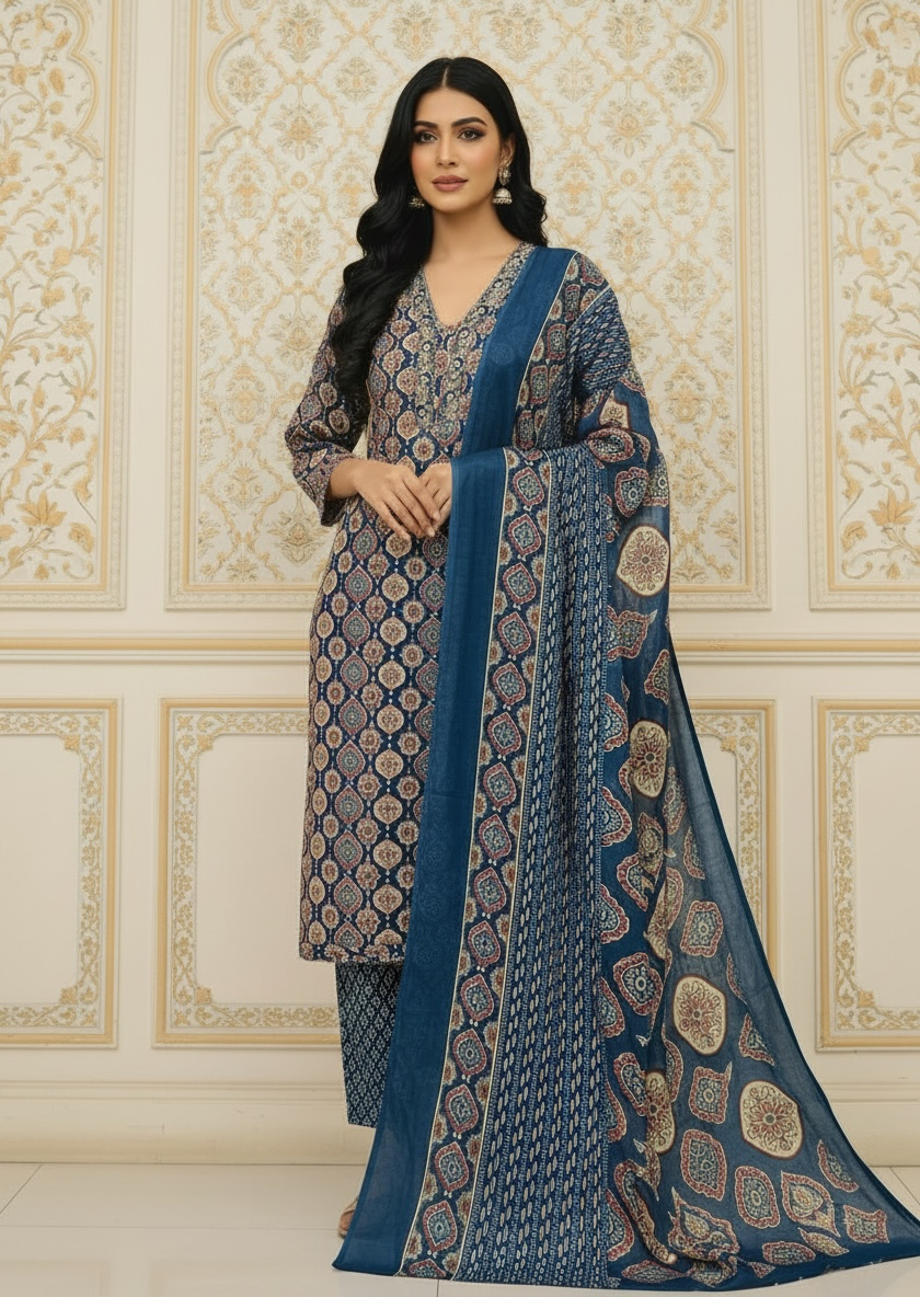 Blue Ajrakh Printed Cotton Kurta Set with Dupatta for Women
