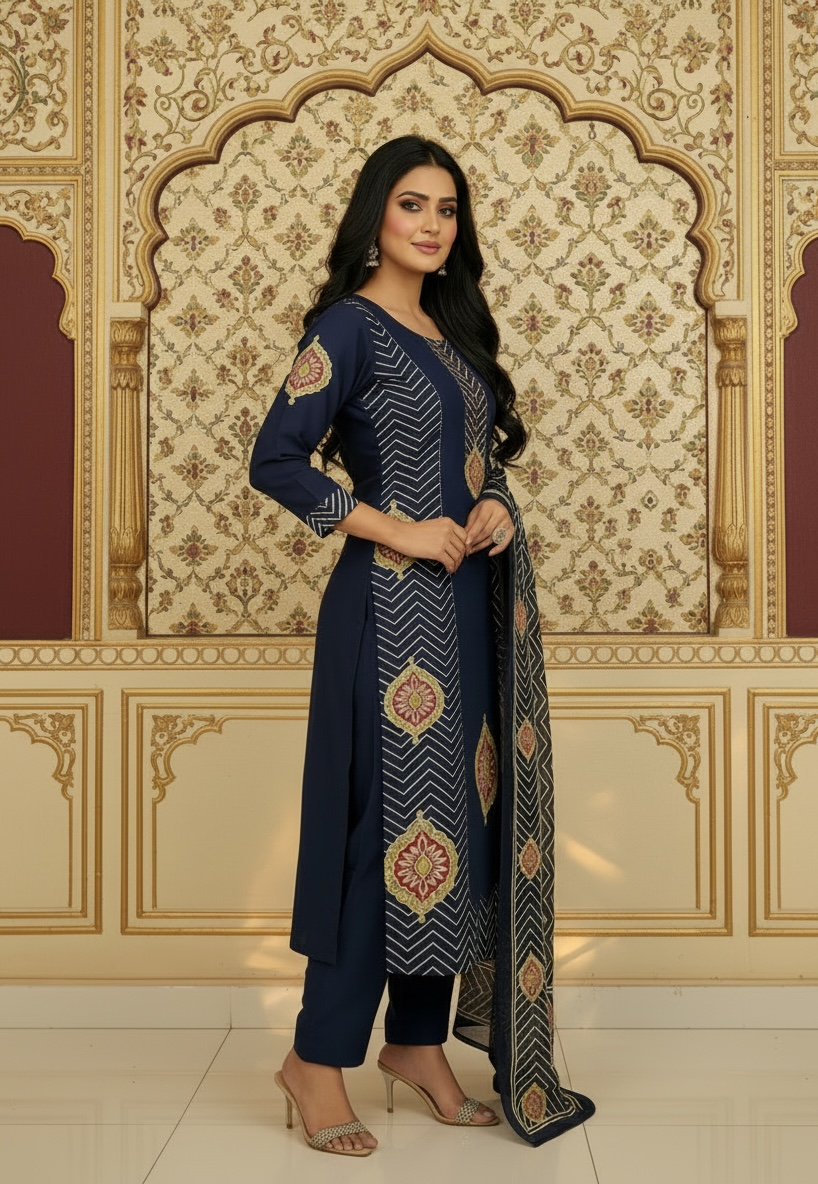 Navy blue Pure Cotton Ajrakh Printed Kurta Set with Handwork Neckline & Dupatta4
