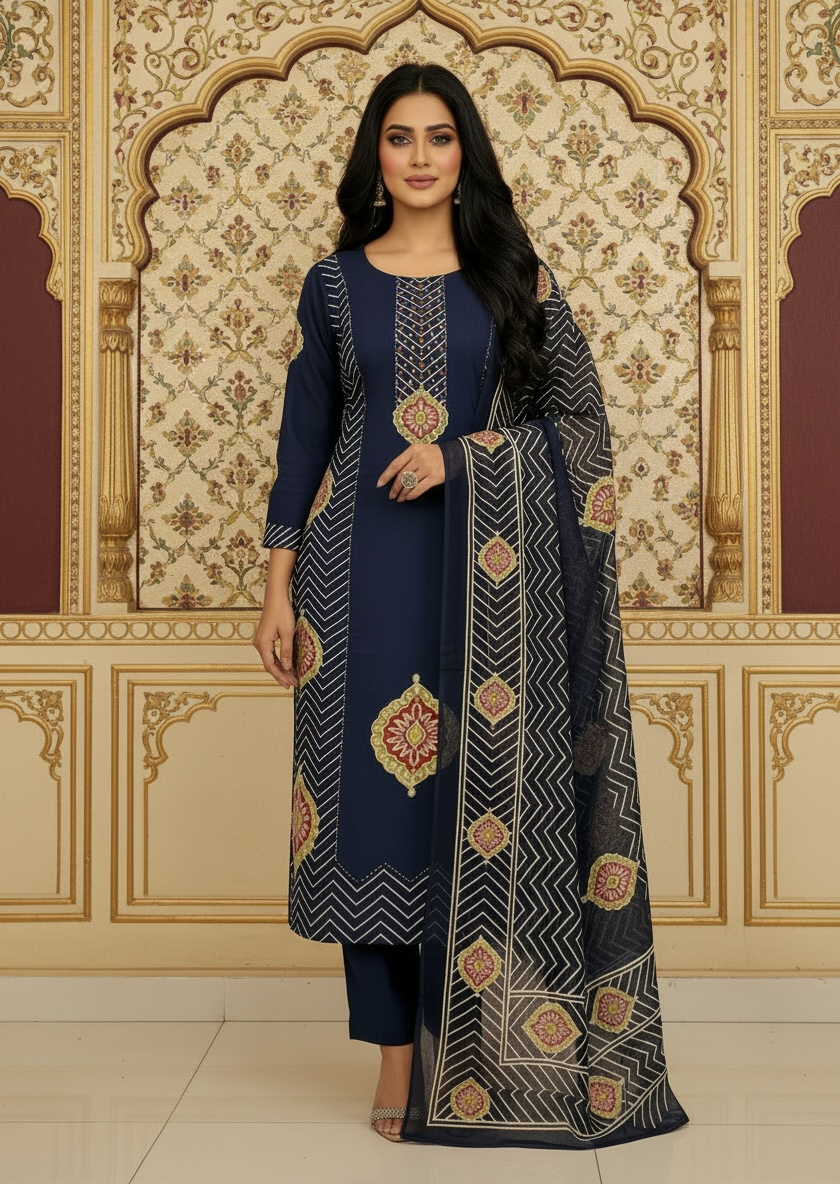 Navy blue Pure Cotton Ajrakh Printed Kurta Set with Handwork Neckline & Dupatta3