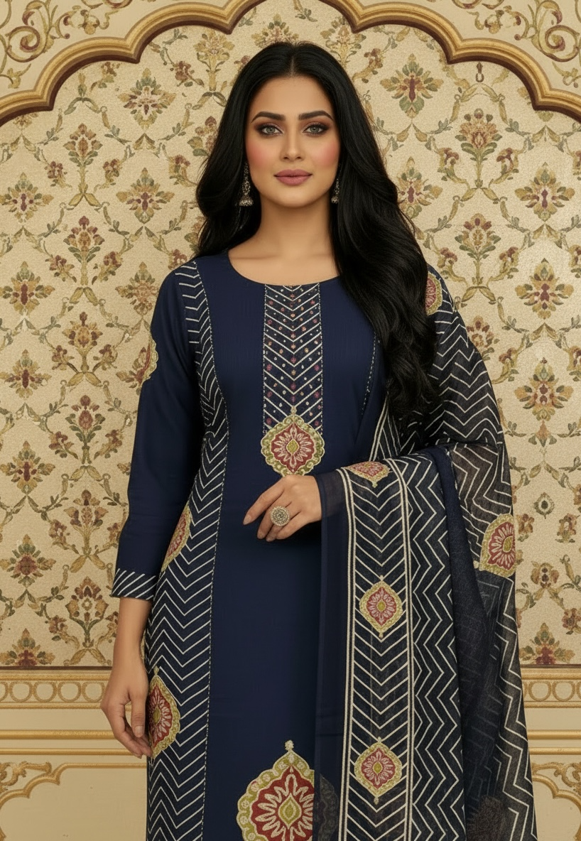 Navy blue Pure Cotton Ajrakh Printed Kurta Set with Handwork Neckline & Dupatta1