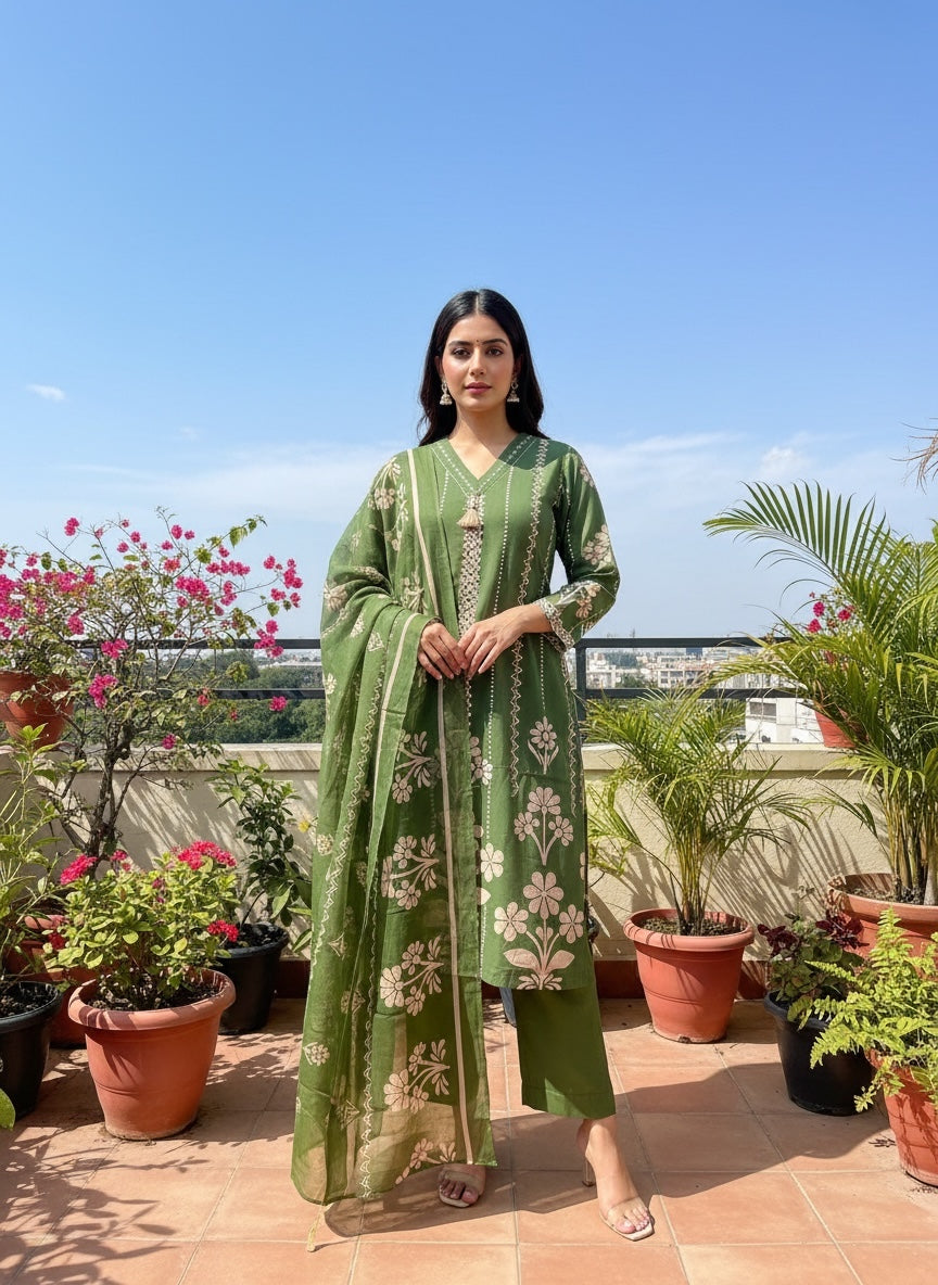Olive Green Cotton Kurta Set with Mirror Work Neckline & Geometric Print with Pants and Dupatta