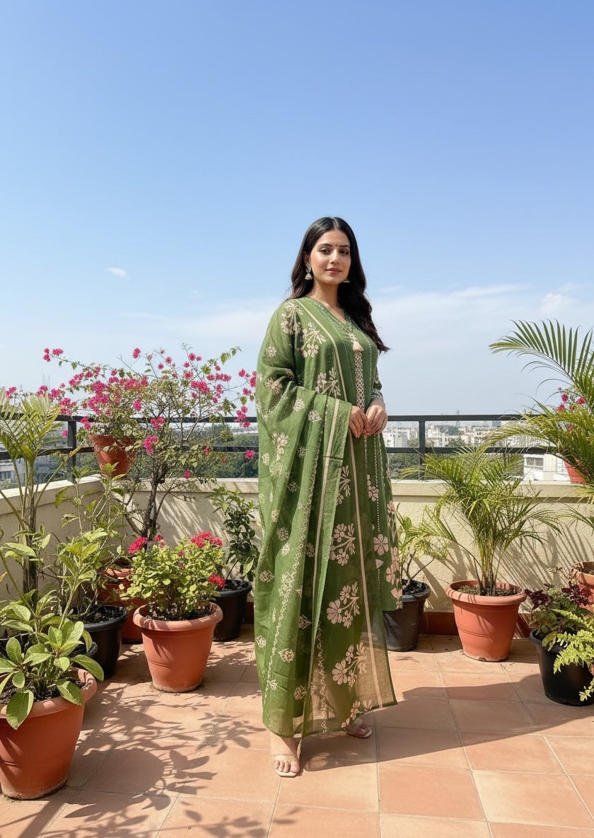 Olive Green Cotton Kurta Set with Mirror Work Neckline & Geometric Print with Pants and Dupatta