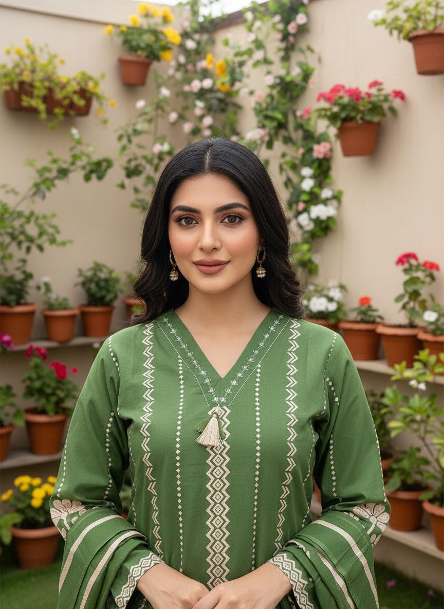 Women olive green cotton printed kurta set with dupatta