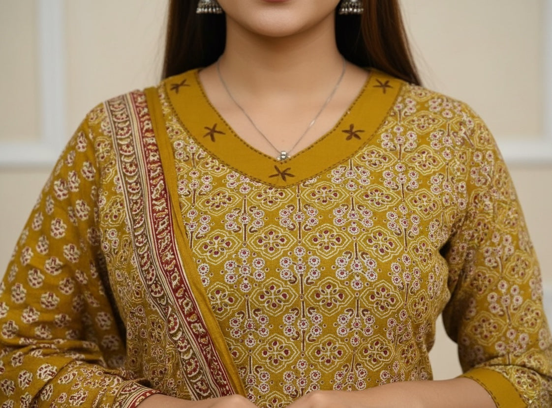 Mustard Yellow Bagru Block Print Cotton Kurta Set with Embroidered Neckline & Printed Dupatta