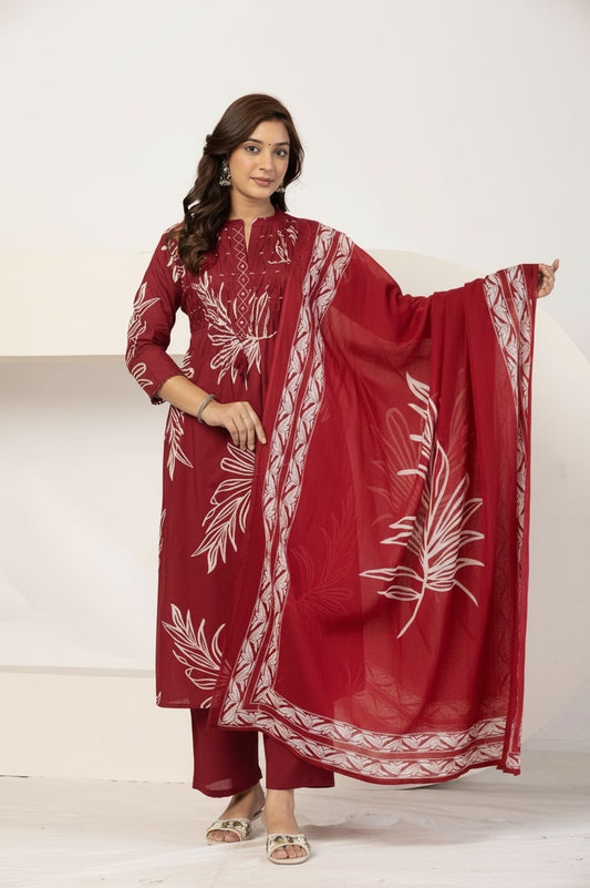 Red Cotton Kurta Set with Pintex Design & Straight Fit Pants