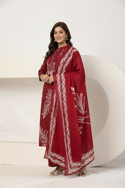 Red Cotton Kurta Set with Pintex Design & Straight Fit Pants