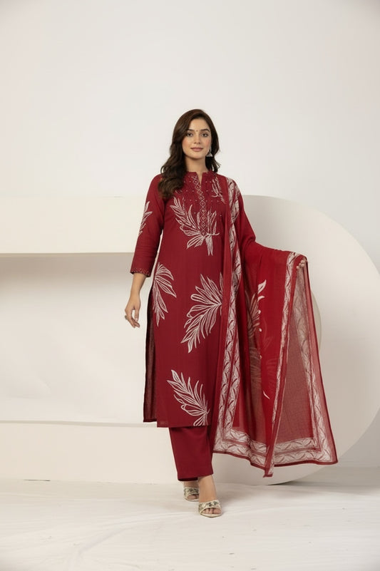 Red Cotton Kurta Set with Pintex Design & Straight Fit Pants