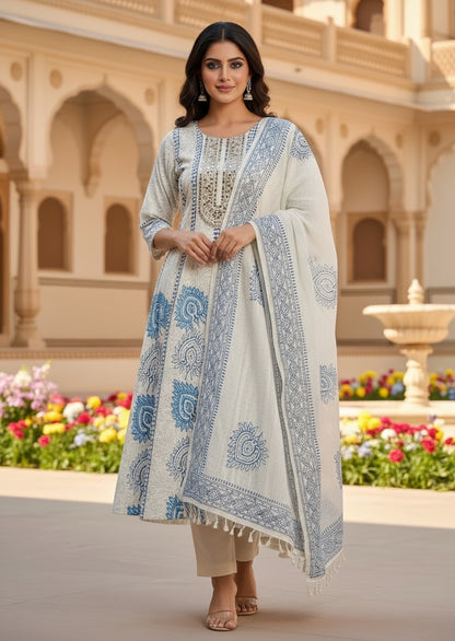 Pure Cotton Premium Flared Anarkali With Dupatta And Cotton Pants