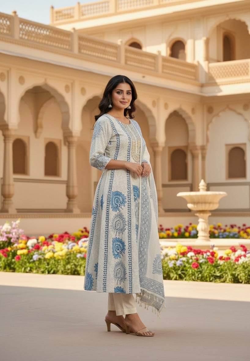 Pure Cotton Premium Flared Anarkali With Dupatta And Cotton Pants