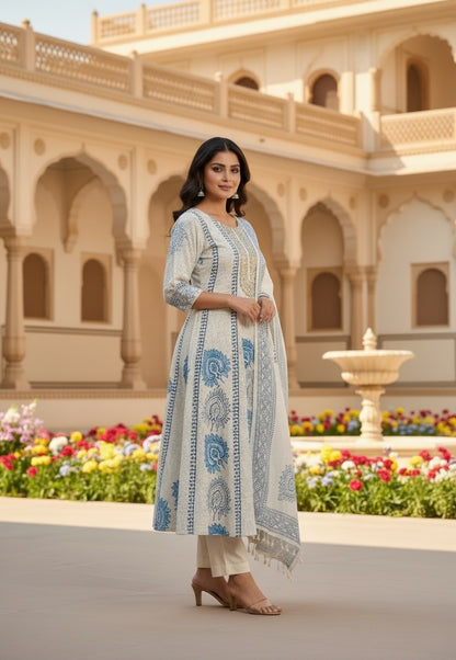Pure Cotton Premium Flared Anarkali With Dupatta And Cotton Pants