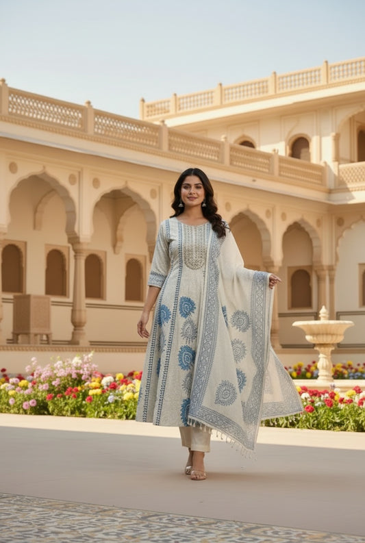 Pure Cotton Premium Flared Anarkali With Dupatta And Cotton Pants