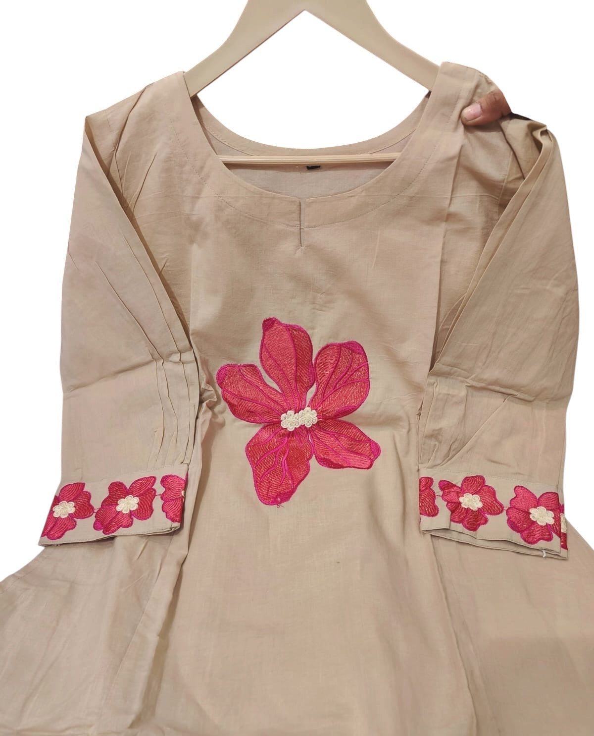 Pure Cotton Flared Kurta Set with Yoke & Sleeve Embroidery and Flared Plazzo