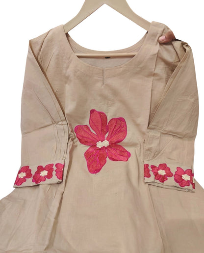 Pure Cotton Flared Kurta Set with Yoke & Sleeve Embroidery and Flared Plazzo