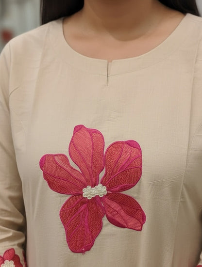 Pure Cotton Flared Kurta Set with Yoke & Sleeve Embroidery and Flared Plazzo
