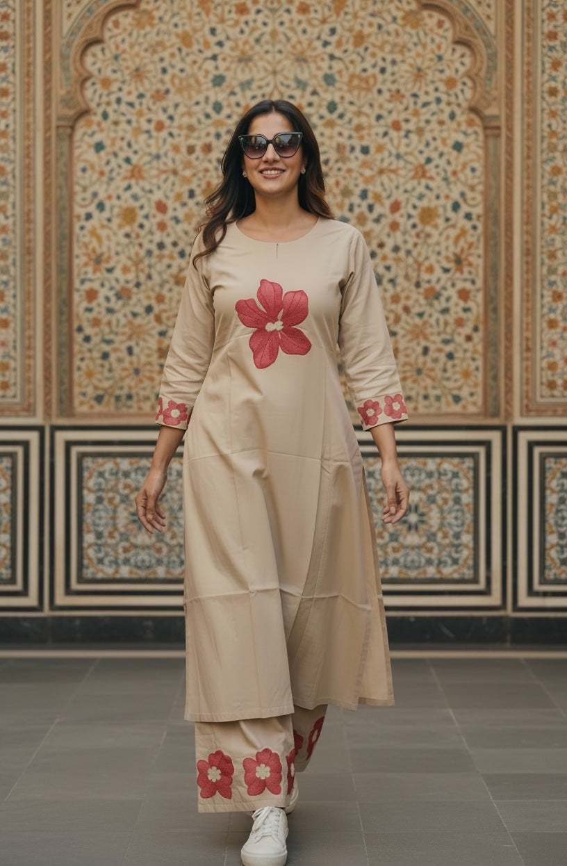 Pure Cotton Flared Kurta Set with Yoke & Sleeve Embroidery and Flared Plazzo