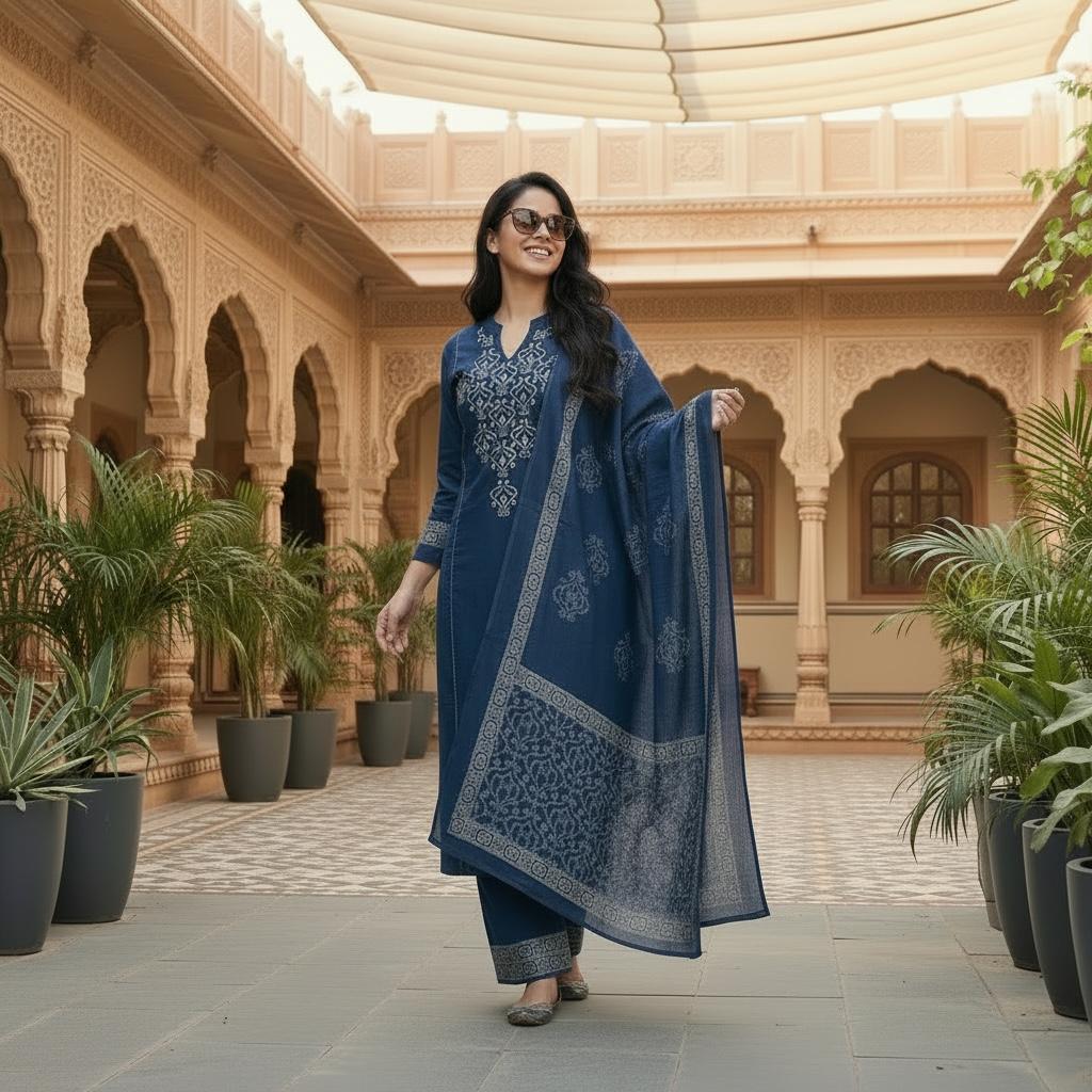 Cotton Kurta Set with Embroidered Neck Yoke, Plazzo Pants & Printed Dupatta