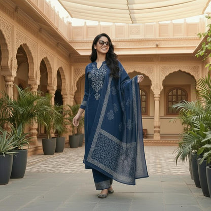Cotton Kurta Set with Embroidered Neck Yoke, Plazzo Pants & Printed Dupatta