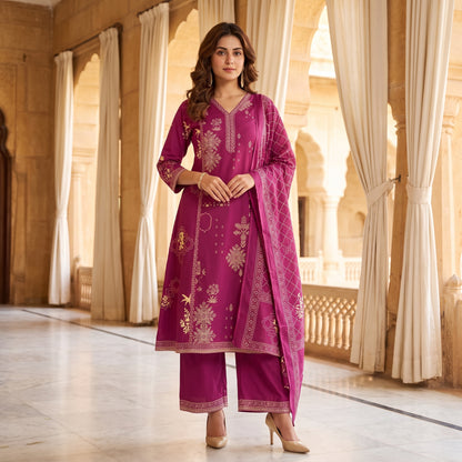Magenta Pure Cotton Printed Kurta Set with Cotton Dupatta
