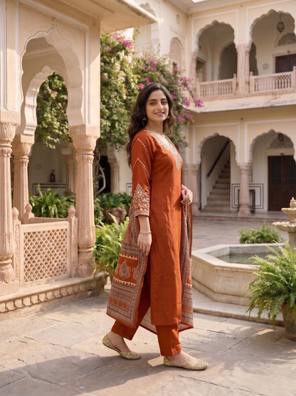 Rust Orange Rayon Gajji Kurta Set with Mirror Work & Ajrakh Dupatta