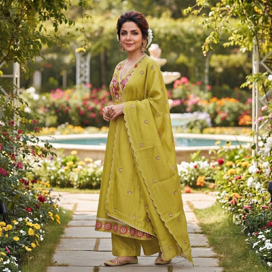 Left Side View – Mal Chanderi Angrakha Kurta with Silk Pants & Dupatta