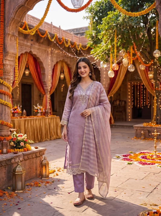 Mauve Tissue Shimmer Jacquard Kurta Set with Mirror Work