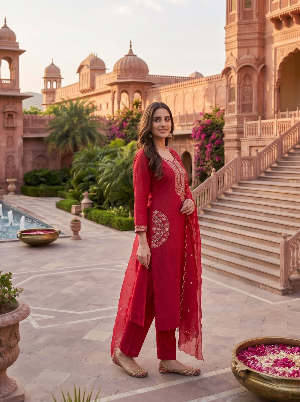 Rani Pink Embroidered Cotton Kurta Set with Dupatta