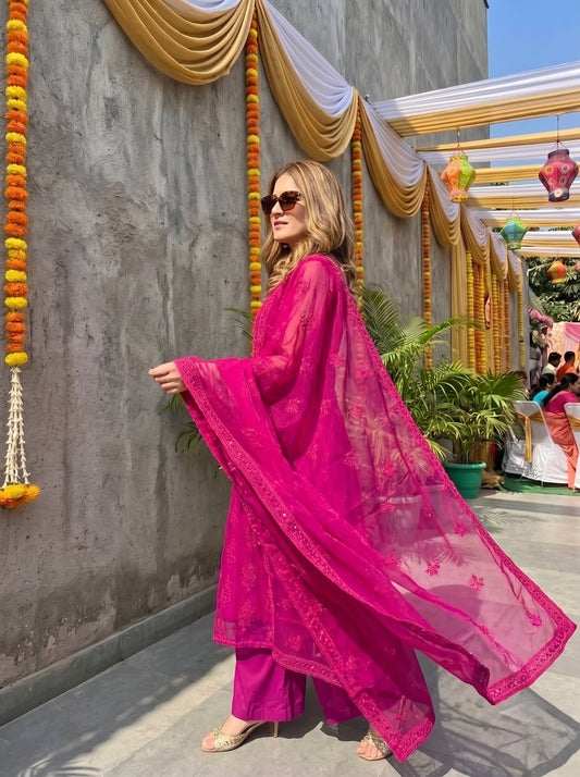 Magenta Mal Chanderi Kurta Set with Lucknawi Embroidery