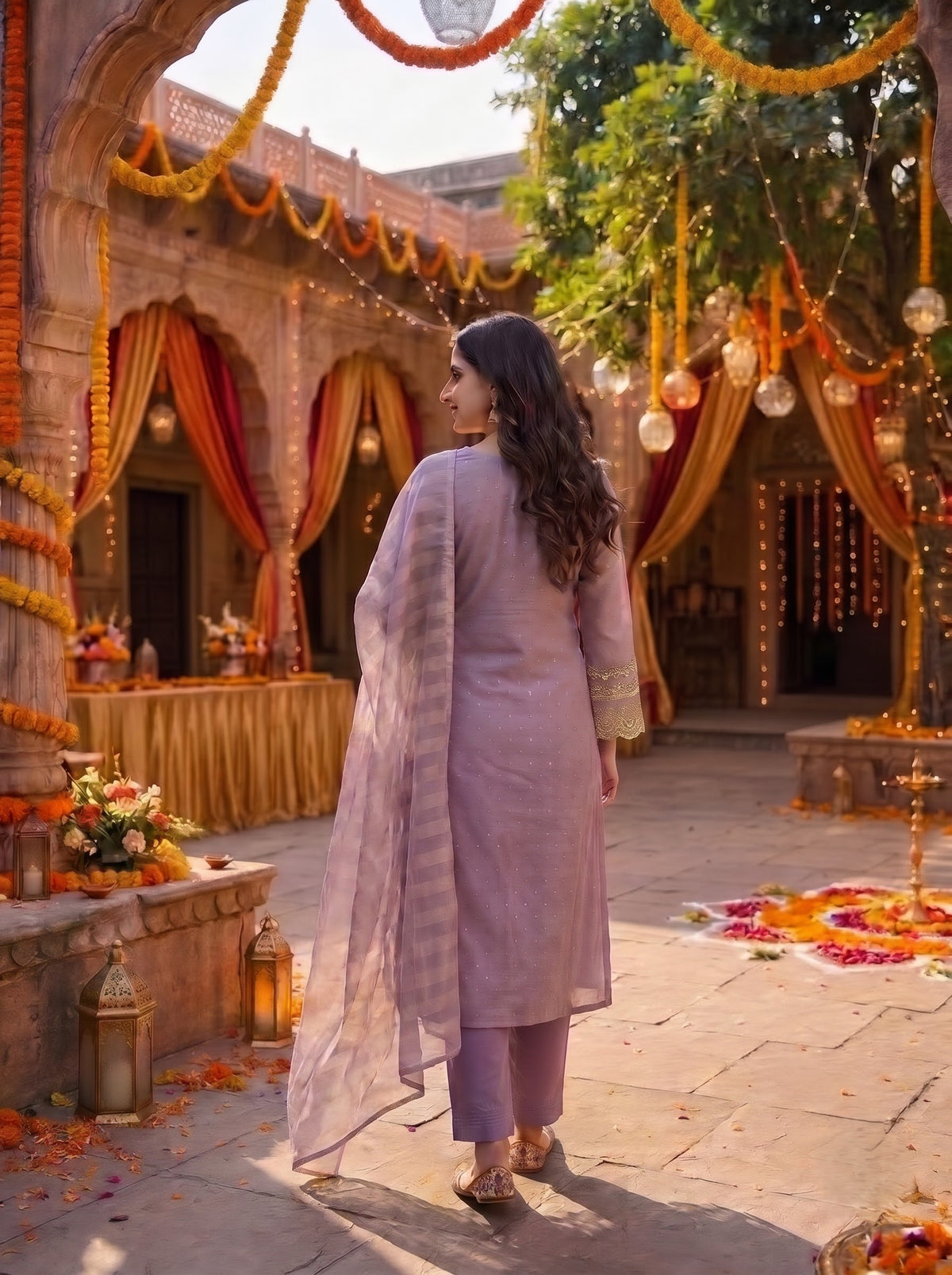 Mauve Tissue Shimmer Jacquard Kurta Set with Mirror Work