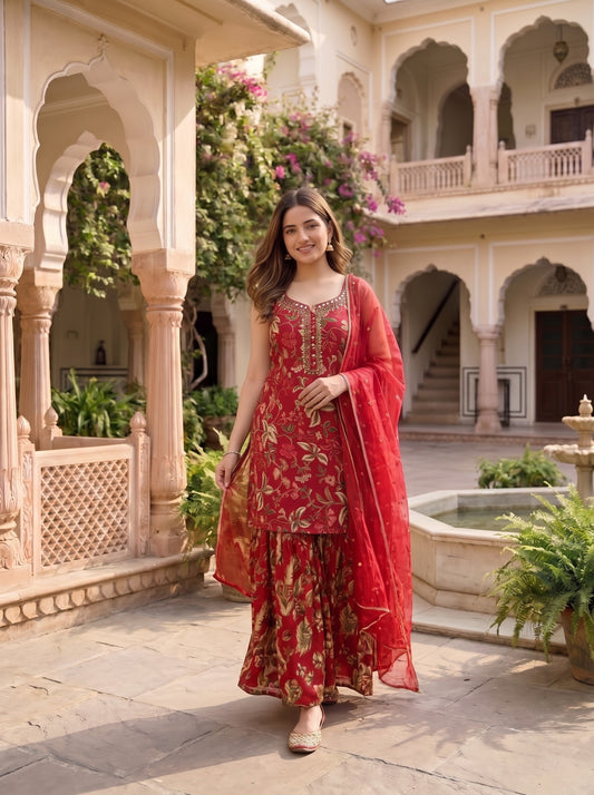 Red Chinon Sharara Set with Handwork & Embroidered Dupatta