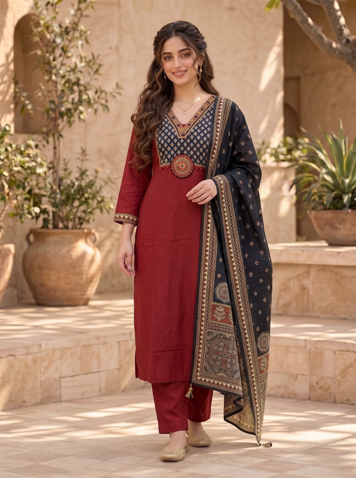 Deep Red Gajji Silk Kurta Set with Gamthi Embroidery & Kalamkari Dupatta