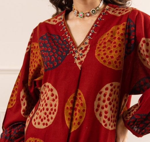 Cotton Slub A-Line Flared Kurta Set with Handwork Neckline & Linen Plazzo